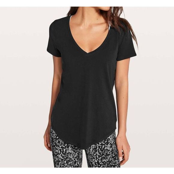 Lululemon Love Deep V Short Sleeve Pima Cotton Black Tee Shirt Women's Medium - Picture 1 of 10